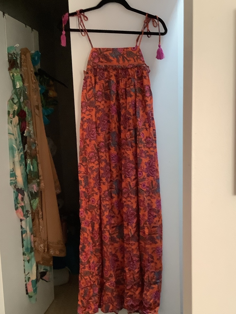Floral Tie-Shoulder Maxi Dress in Orange Pink Sz S tassels boho strappy dress